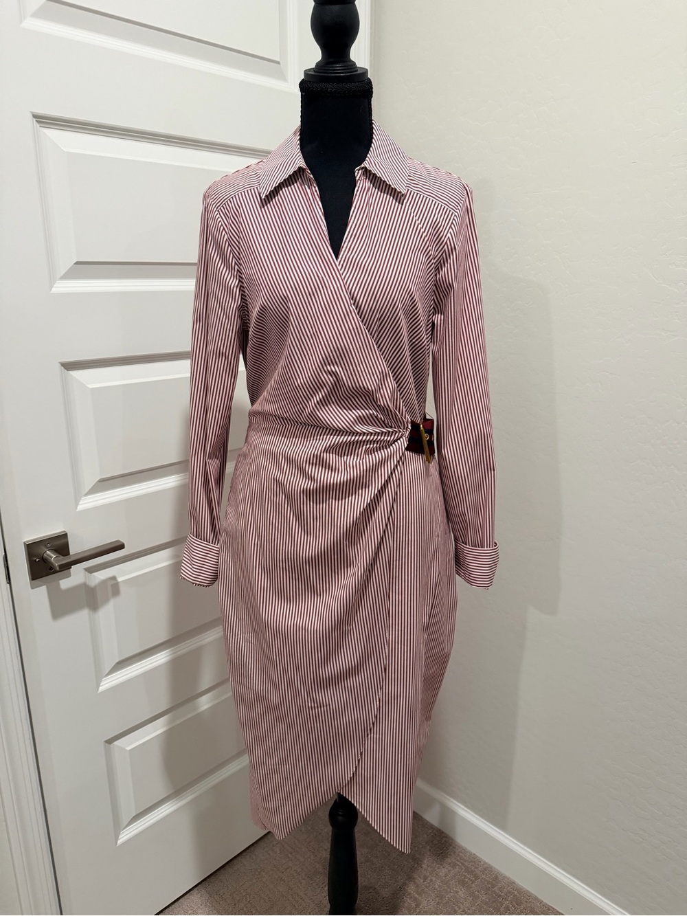 Veronica Beard Burgundy Stripe Side-Buckle Ruched Wrap Midi Shirt Dress Size 12